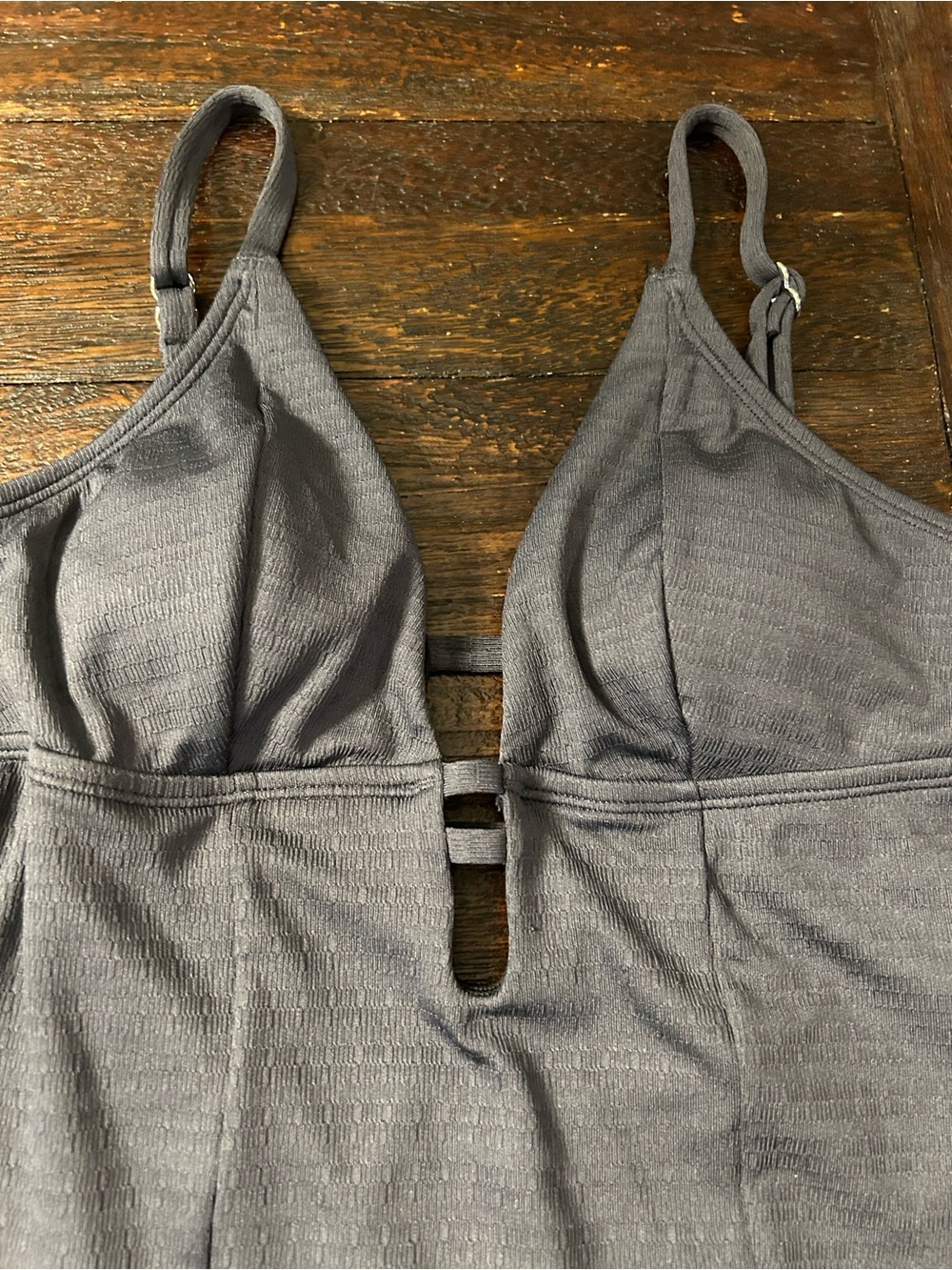 Charcoal Gray Textured Plunging Deep V-Neck Keyhole One-Piece Swimsuit - Picture 3 of 6